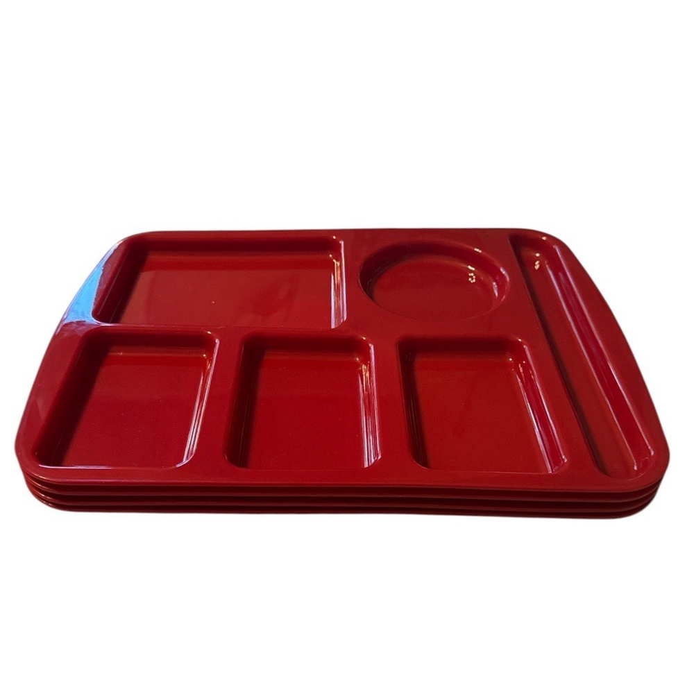 Lunch Tray Set of 4 RED Cafeteria Melamine Divided 6-Compartment Platter